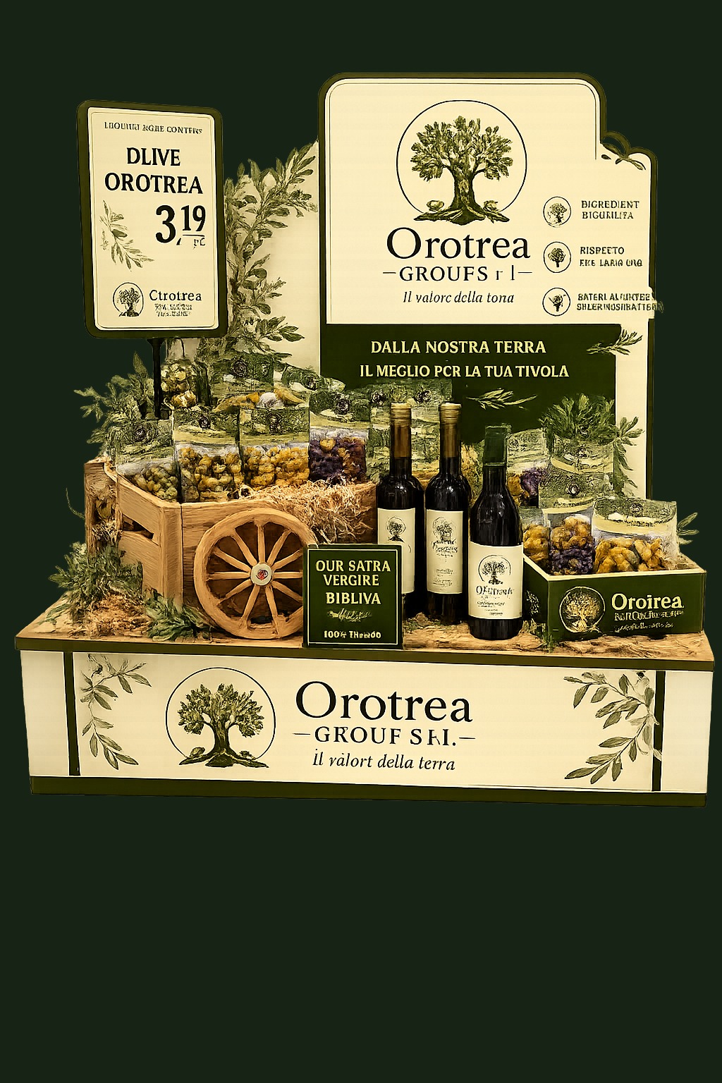 Espositore Orotrea Group con olio, vino e olive in punto vendita